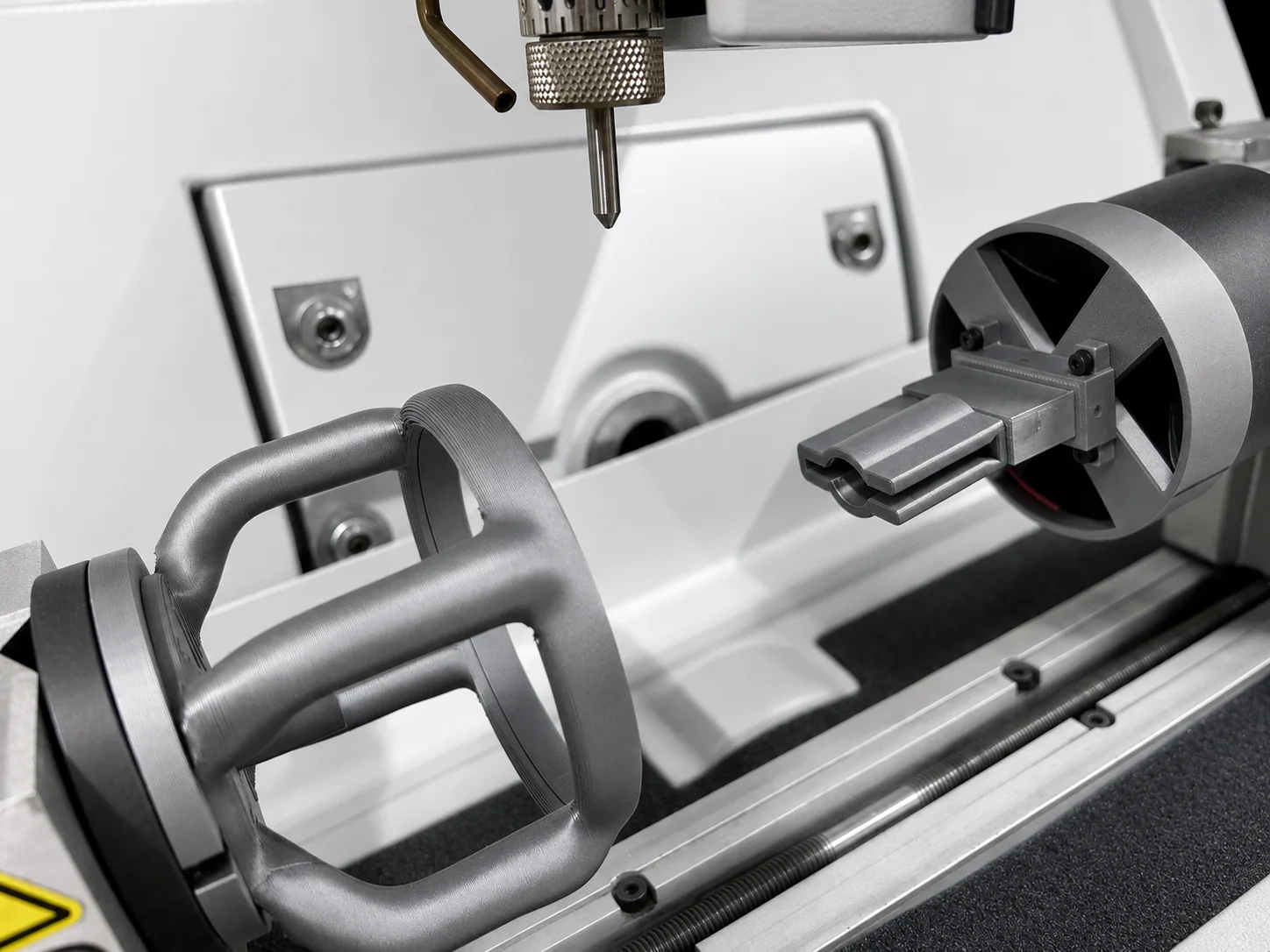 Custom prototype components set up inside fabrication equipment