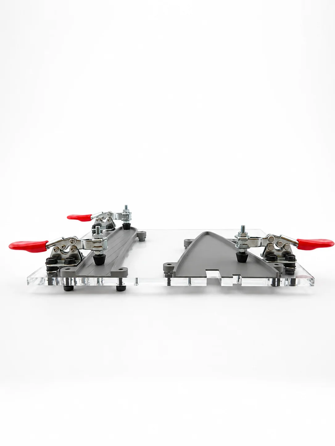 Custom workholding fixture with toggle clamps and 3D-printed supports